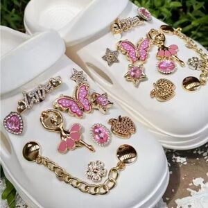 20 piece girl with Pink and ballerina butterfly star love Gold Charms croc